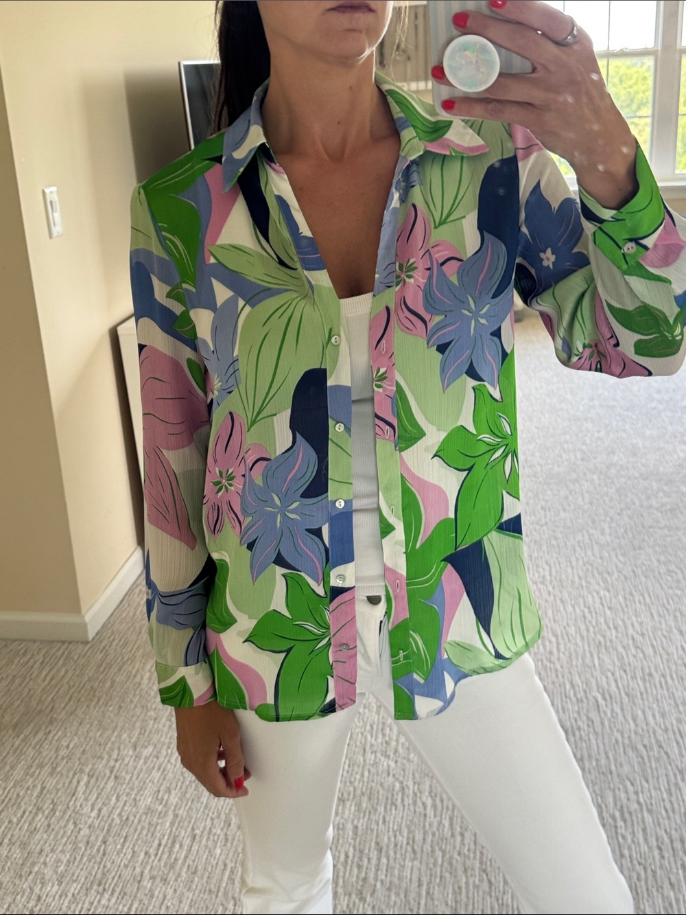 Zara Tropical Floral Button-Up Shirt in Green, Pink & Blue